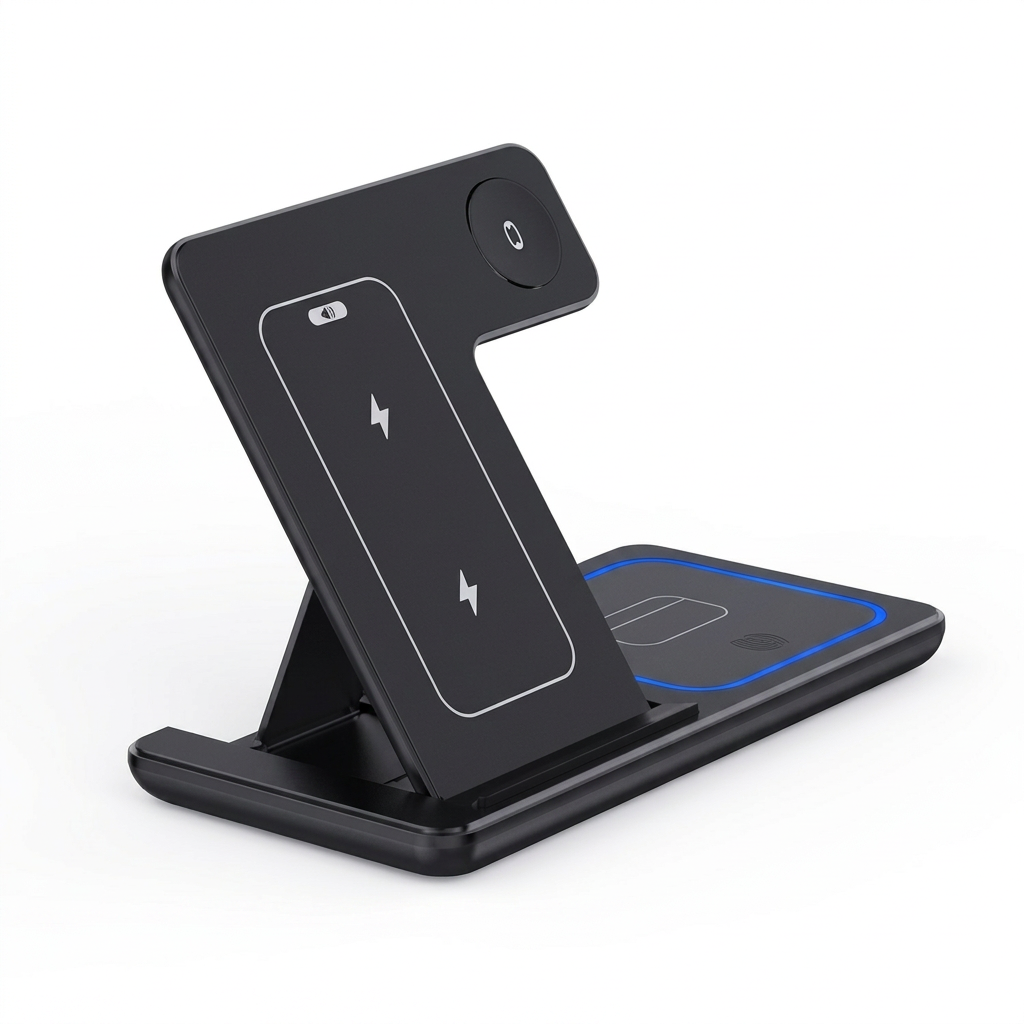 Black AeroRelief three-in-one foldable wireless charging stand on a white background