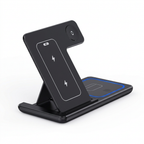 Black AeroRelief three-in-one foldable wireless charging stand on a white background